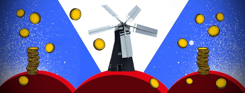 Windmill with stacked coins on the right and left.