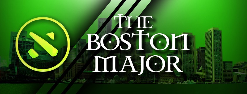 Skyline of Boston downtown, painted in Green, with a Dota 2 logo on top.