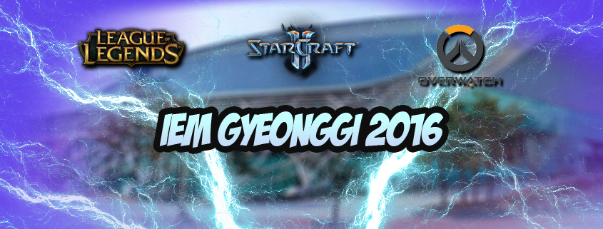 Goyang arena in South Korea, riddled with lightning bolt and logos of League of Legends, Stacraft 2 and Overwatch.