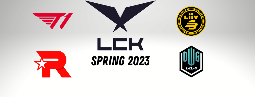 lck spring logo along with the team logos of t1, kt rolster, sandbox gaming and dwg kia