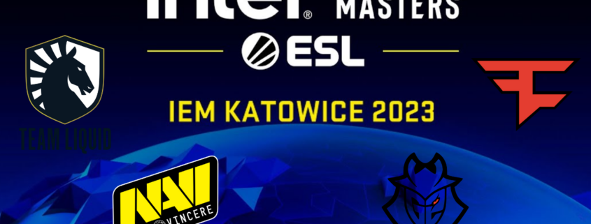 Logos of IEM Katowice 2023, their sponsors and some of the teams of group A IEM Katowice 2023