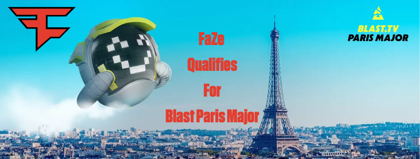 Background of the Eiffel Tower of Paris with logos of Blast Paris Major and FaZe Clan